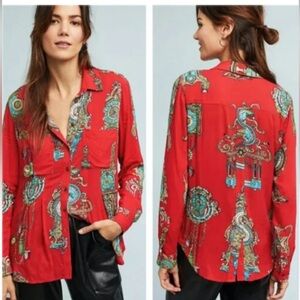 Maeve by Anthropologie Womens Button Down Shirt Top Red Antique Clock Print